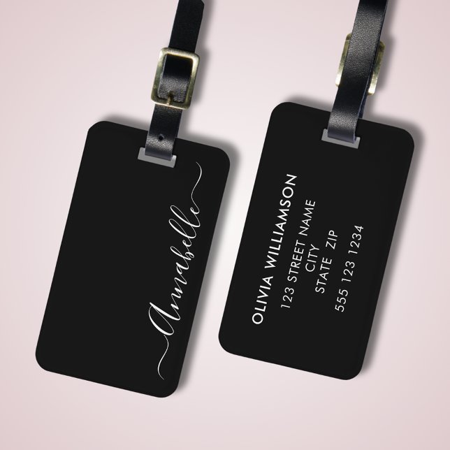Etiqueta de equipaje personalizada con nombre en n (Stylish, elegant, black luggage tag with script name and contact details to reverse side)