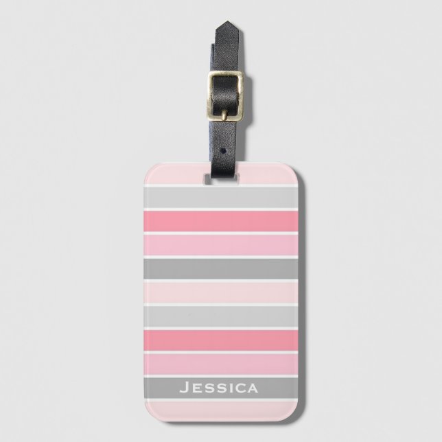 Etiqueta de equipaje personalizada con rayas rosad (Anverso vertical)