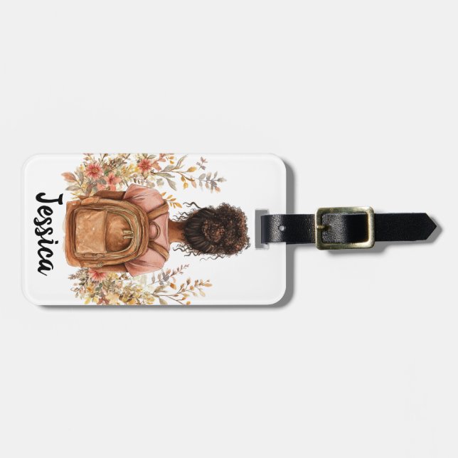 Etiqueta de equipaje personalizada - Mujer negra (Frente Horizontal)