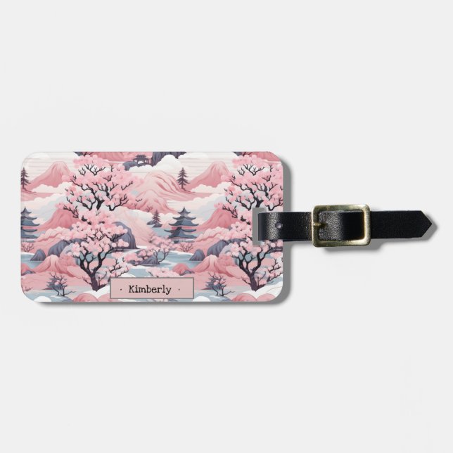 Etiqueta de equipaje rosa y gris para el paisaje j (Frente Horizontal)
