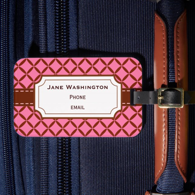 Etiqueta de equipaje rosa y marrón personalizado (Anverso In Situ 4)