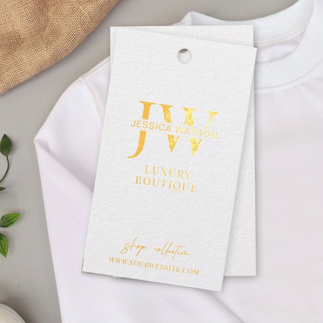 Etiqueta de etiqueta de Relieve metalizado dorado  (Minimal foil hang tag with your brand monogram or name on the front and pricing & size table)