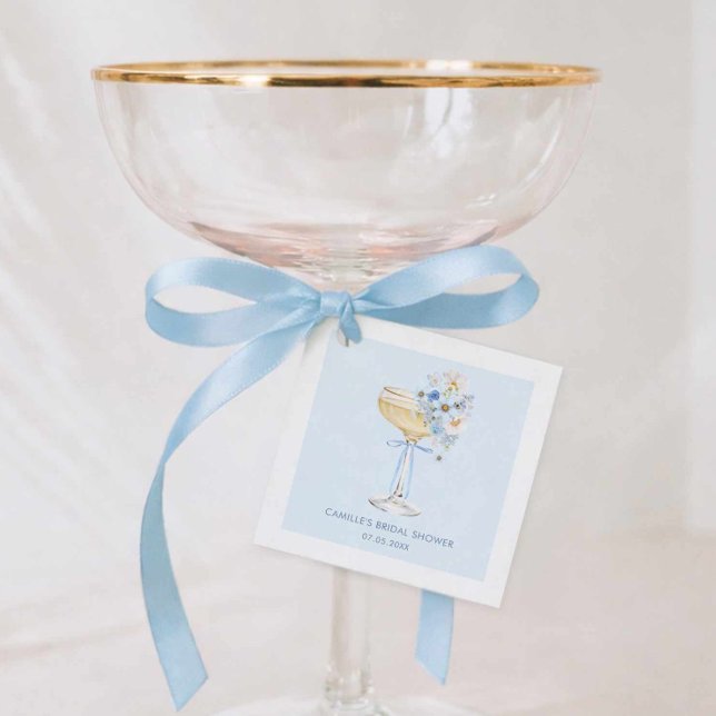 Etiqueta de Favor Cuadrado de Desayuno Nupcial Flo (Blue Bubbly Bridal Shower Favor Tag)