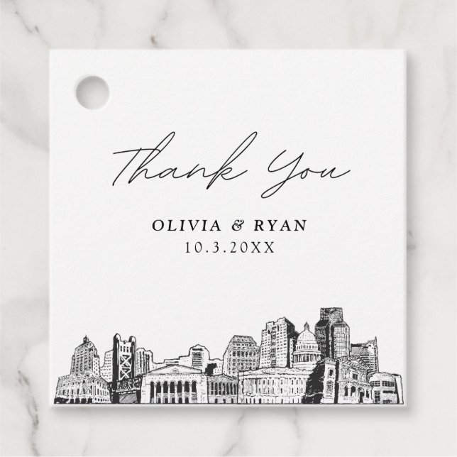 Etiqueta de favor de boda de Sacramento Sketch (Anverso)