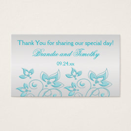 Etiqueta de favor de boda floral plateada y turque