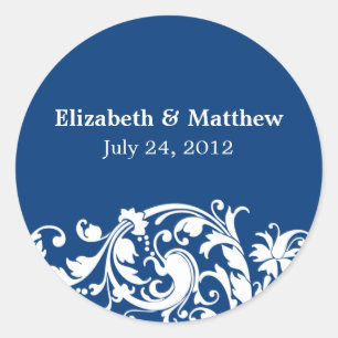 Etiqueta de favor de boda Swirl Flourish azul y bl