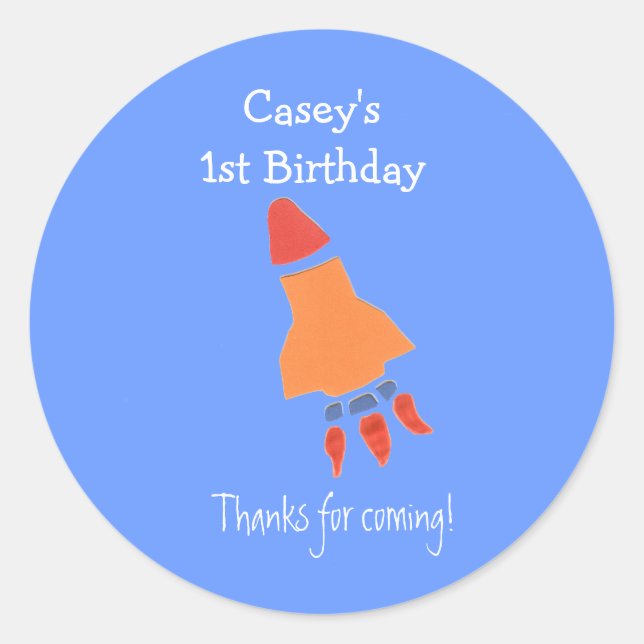 Etiqueta de favor de cumpleaños de cohete azul (Anverso)