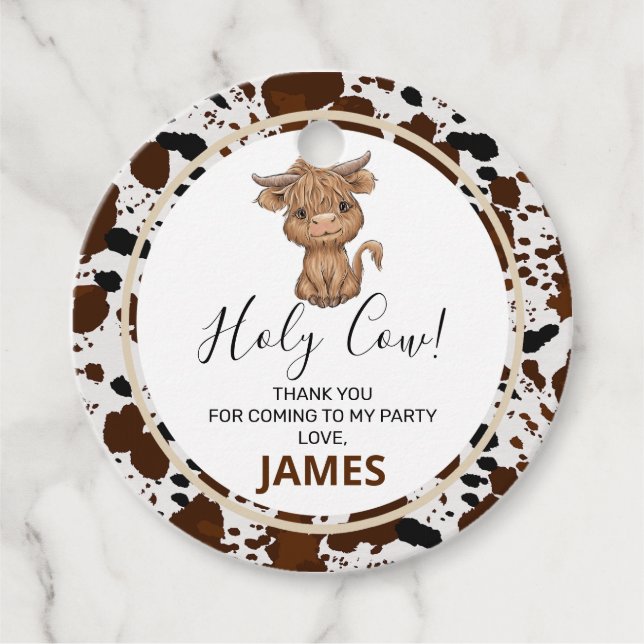 Etiqueta de favor de cumpleaños impresa en vaca de (Anverso)