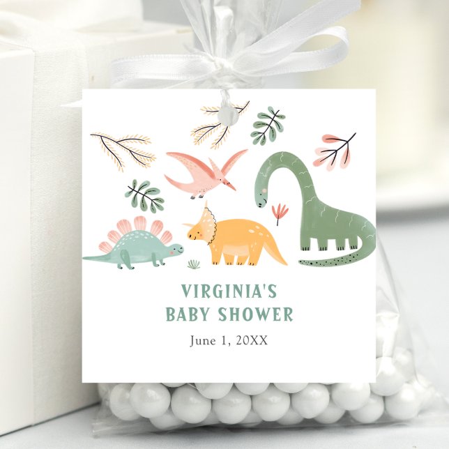 Etiqueta de favor de dinosaurio (Cute Dinosaur Square Baby Shower Favor Tag by Painted Paperie)