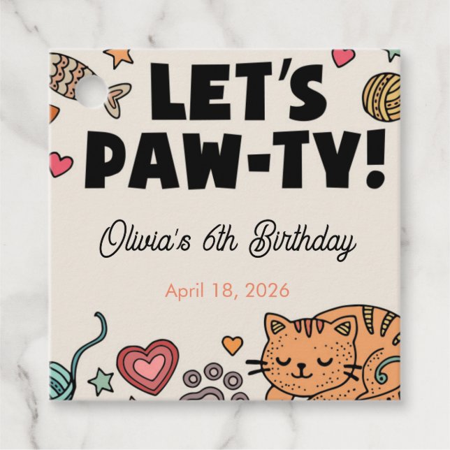 Etiqueta de favor de fiesta de cumpleaños de gatit (Anverso)