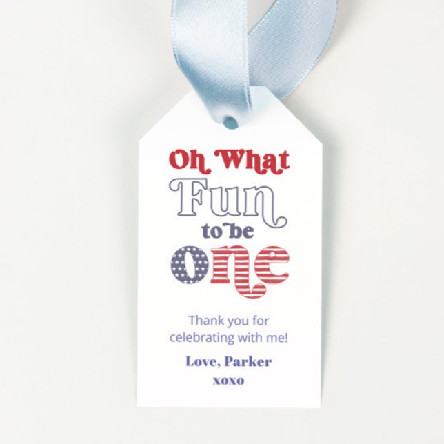 Etiqueta de favor de fiesta de cumpleaños de géner (Retro typography red white and blue 1st birthday party favor tags oh what fun to be one)