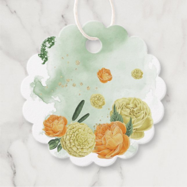 etiqueta de favor de flores naranjas amarillas (Anverso)