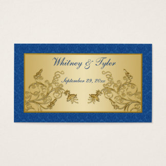Etiqueta de favor de la boda floral azul y dorada