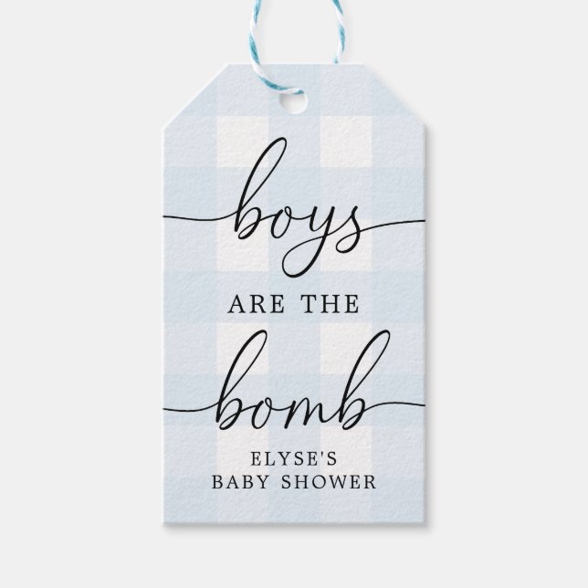 Etiqueta de favor de la bomba azul de Gingham (Anverso)