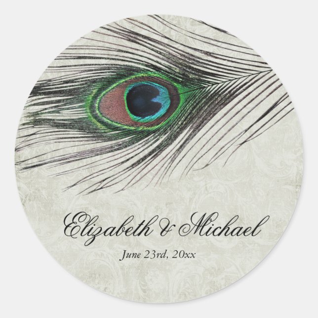 Etiqueta de favor de matrimonio redondo de plumas  (Anverso)