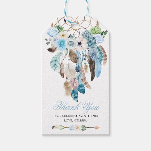 Etiqueta de favor del Boho azul Dreamcatcher (Anverso)