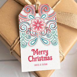 Etiqueta de Feliz Navidad con Flores Rojas y Verde