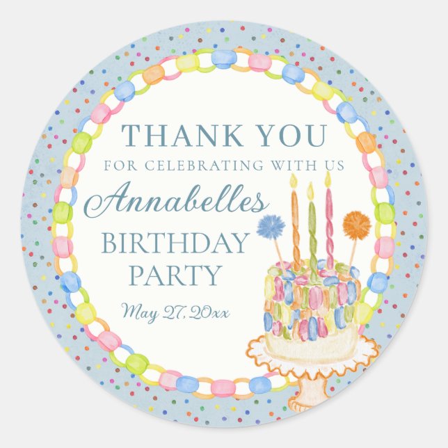 Etiqueta de fiesta de cumpleaños Azul Confeti (Anverso)
