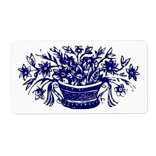 Etiqueta de flores azules de madera de época