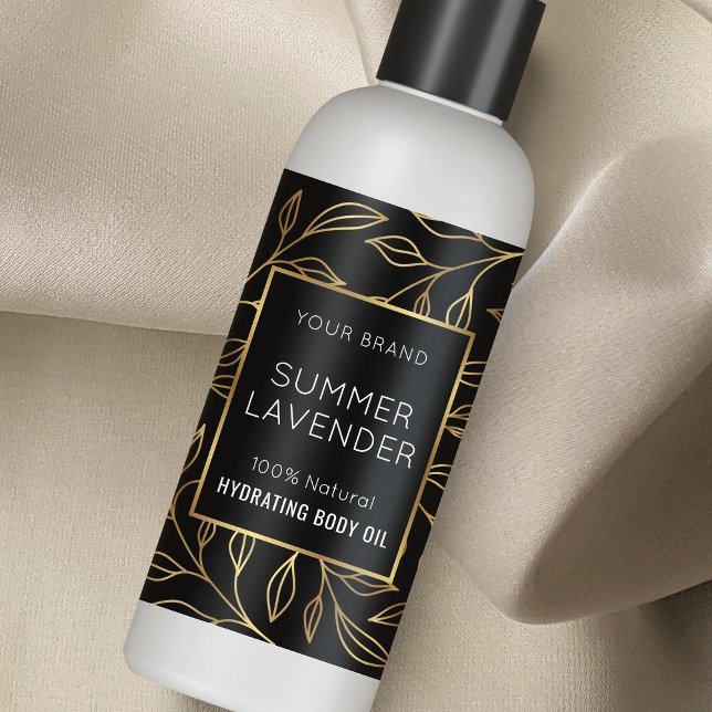 Etiqueta de frasco cosmético Black & Gold Floral 4 (Elegant black and gold botanical design skincare bottle wraparound label template)