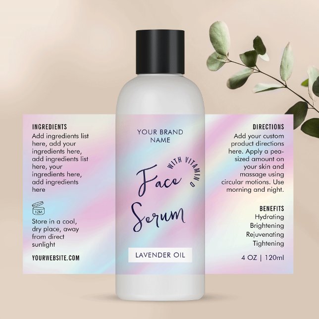 Etiqueta de frasco cosmético estilo holográfico 4  (Modern holographic effect cosmetic bottle wrap around label with fully editable text)