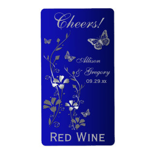 Etiqueta de frasco de Boda floral azul real, plate