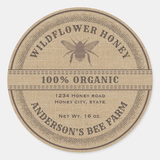 Etiqueta de frasco de miel de lino abeja rústica v (Anverso)