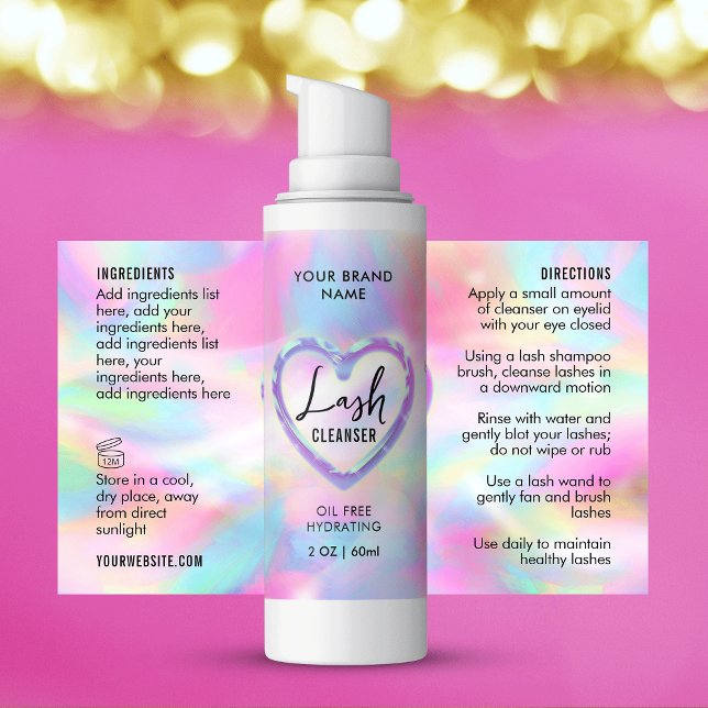 Etiqueta de frasco Neon Holographic Girly Lash Cle (Trendy holographic neon effect lash bath cleanser wraparound product labels )