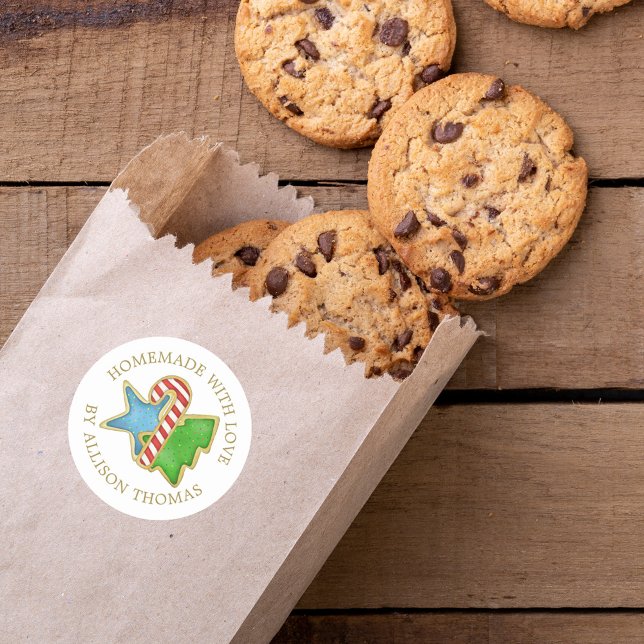 Etiqueta de Galletas de Navidad Caseras con Amor (Christmas watercolor cookies cute colorful round sticker. "Homemade with Love")