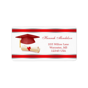 Etiqueta de graduación mortero rojo y diploma
