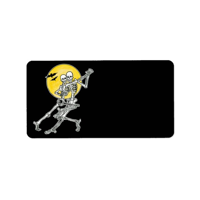 Etiqueta de Halloween con esqueletos bailarines (Frente)