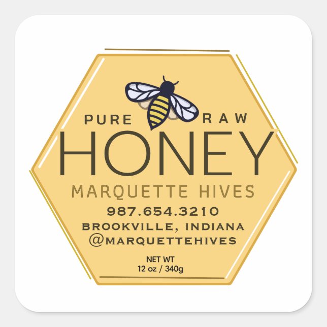 Etiqueta de hexágono de miel amarilla con abejas y (Anverso)