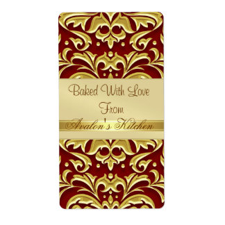 Etiqueta de horneado de vacaciones rojas de Damask