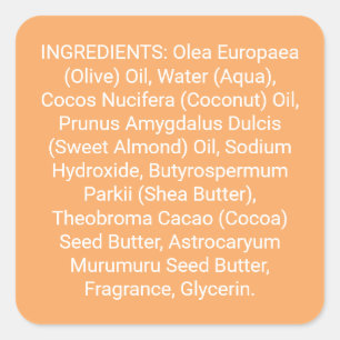 Etiqueta de ingredientes de jabón o productos de c