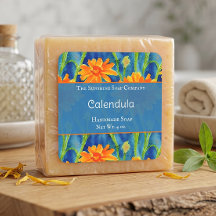 Etiqueta de jabón de caléndula azul y naranja para