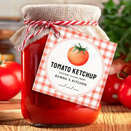 Etiqueta de kétchup de tomate con patrón de cuadro