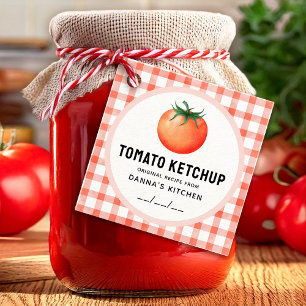 Etiqueta de kétchup de tomate con patrón de cuadro