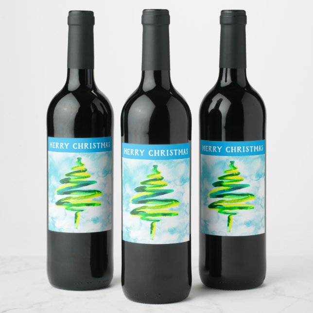 Etiqueta de la acuarela del árbol azul de Navidad (Botellas)