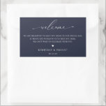 Etiqueta de la bolsa de bienvenida del invitado de<br><div class="desc">Elegante y moderno boda marca de la bolsa de bienvenida. La plantilla proporciona líneas para el mensaje,  los nombres y la fecha del evento. Tipografía blanca sobre fondo azul marino.</div>