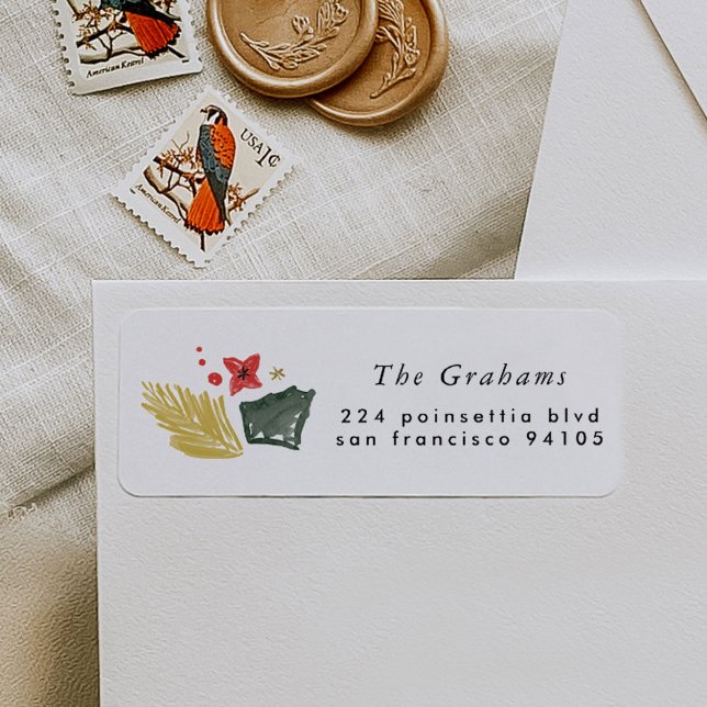 Etiqueta de la dirección de devolución de feriado  (Festival watercolor botanical return address label.)