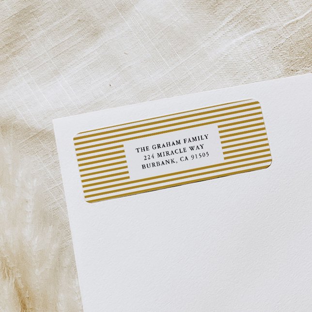 Etiqueta de la dirección de devolución de la pinza (Gold and white pinstripe modern return address labels.)