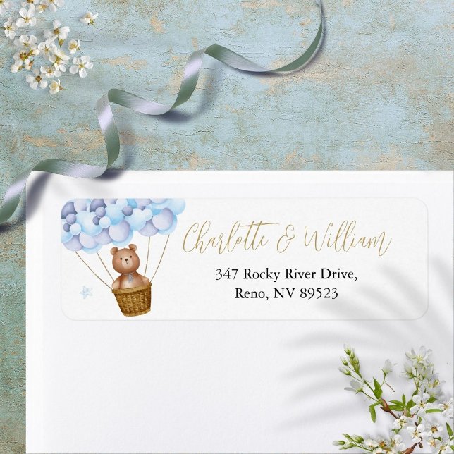 Etiqueta de la dirección de devolución de los glob (Cute Teddy Bear Blue Balloons Return Address Label)