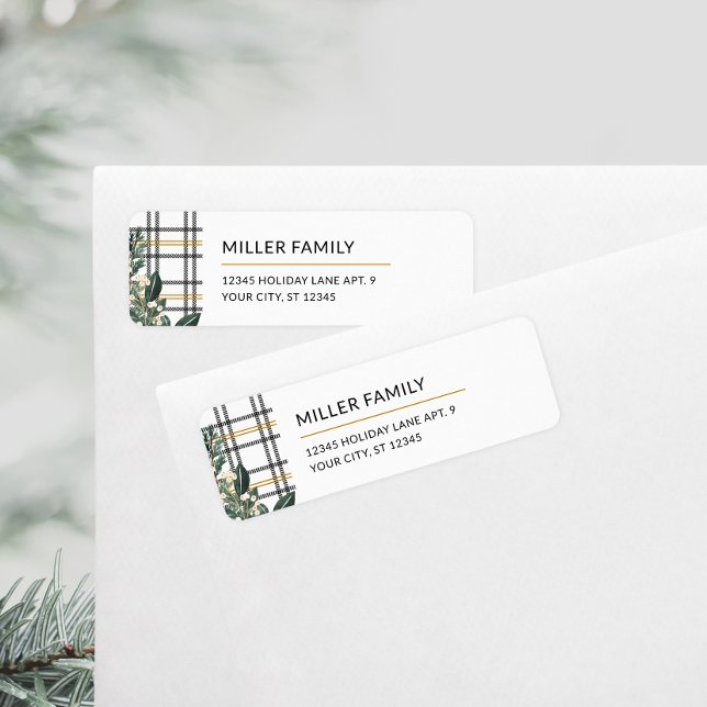 Etiqueta de la dirección de devolución de vacacion (Rustic Plaid Holiday Return Address Label)