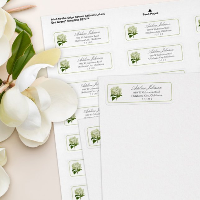 Etiqueta de la dirección de devolución del Persona (green and white hydrangea flower return address sheet 
labels)