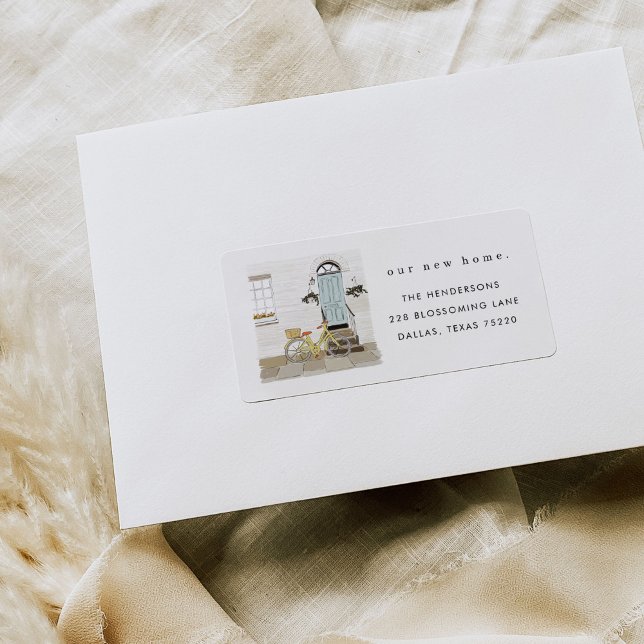 Etiqueta de la dirección de la Invitación móvil de (Blue door illustration new home moving announcement return address labels.)