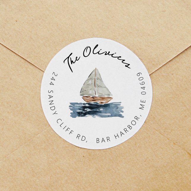 Etiqueta de la dirección de retorno de Baby Shower (Nautical watercolor sailboat return address label round sticker.)