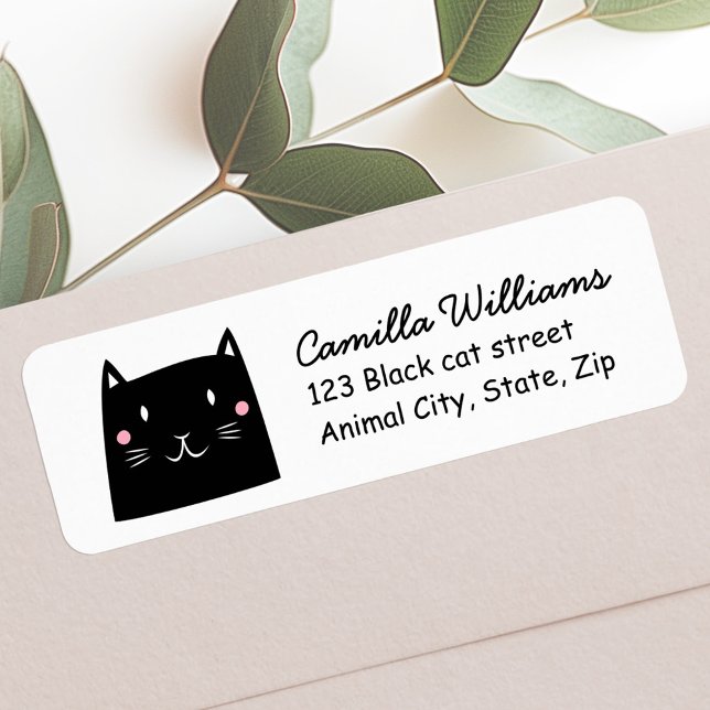 Etiqueta de la dirección de retorno de gato negro  (Cute black cat return address label)
