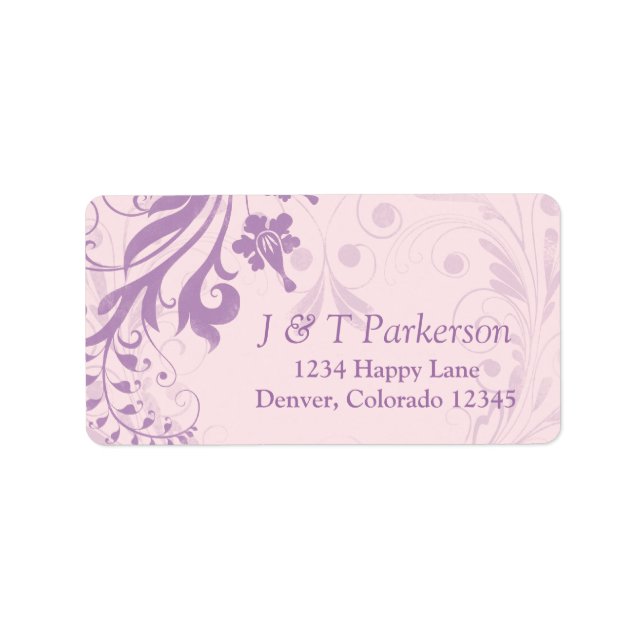 Etiqueta de la dirección del Boda floral rosa Lila (Frente)