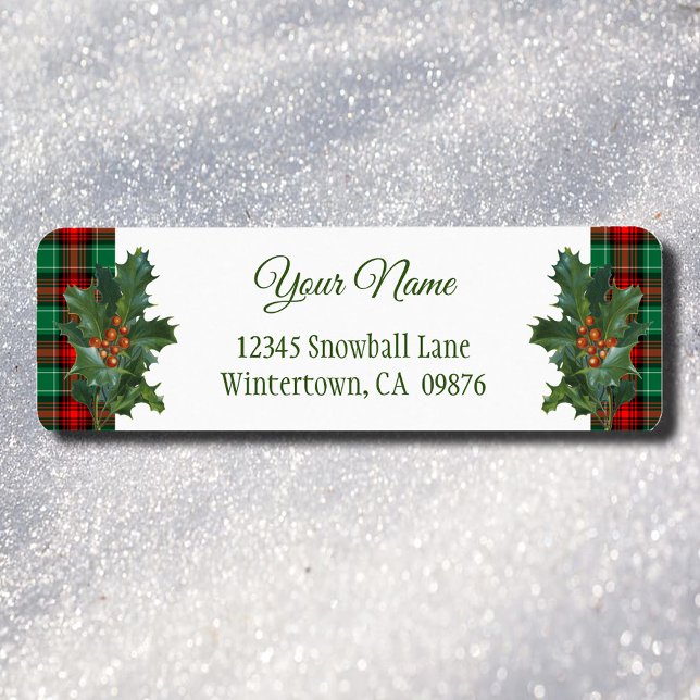 Etiqueta de la dirección del Personalizado del Hol (Red Green Holiday Plaid with Holly)