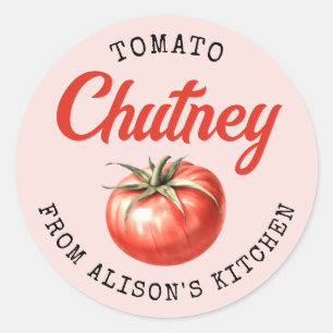 Etiqueta de la lata de tomate Chutney en rosa
